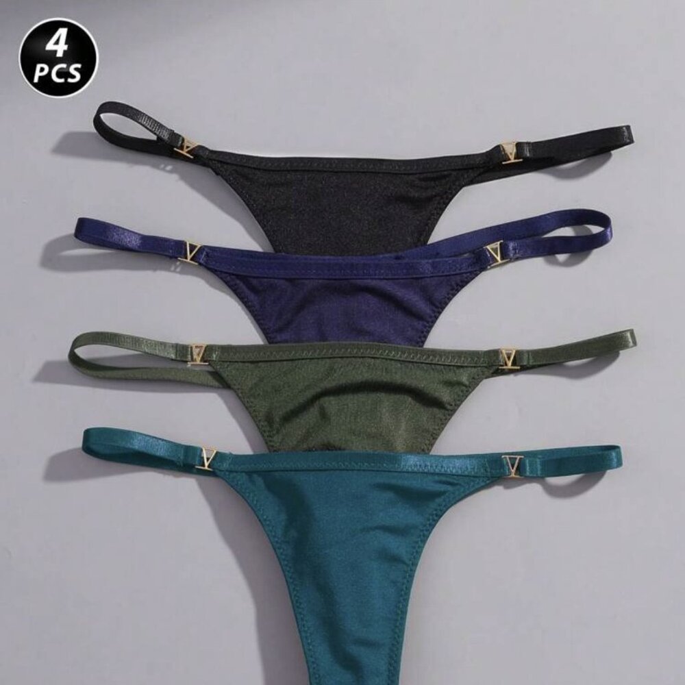 VKME 4Pcs/Set Low Rise Solid Color Metal Thong Panties Underwear Multicolor/4(S)